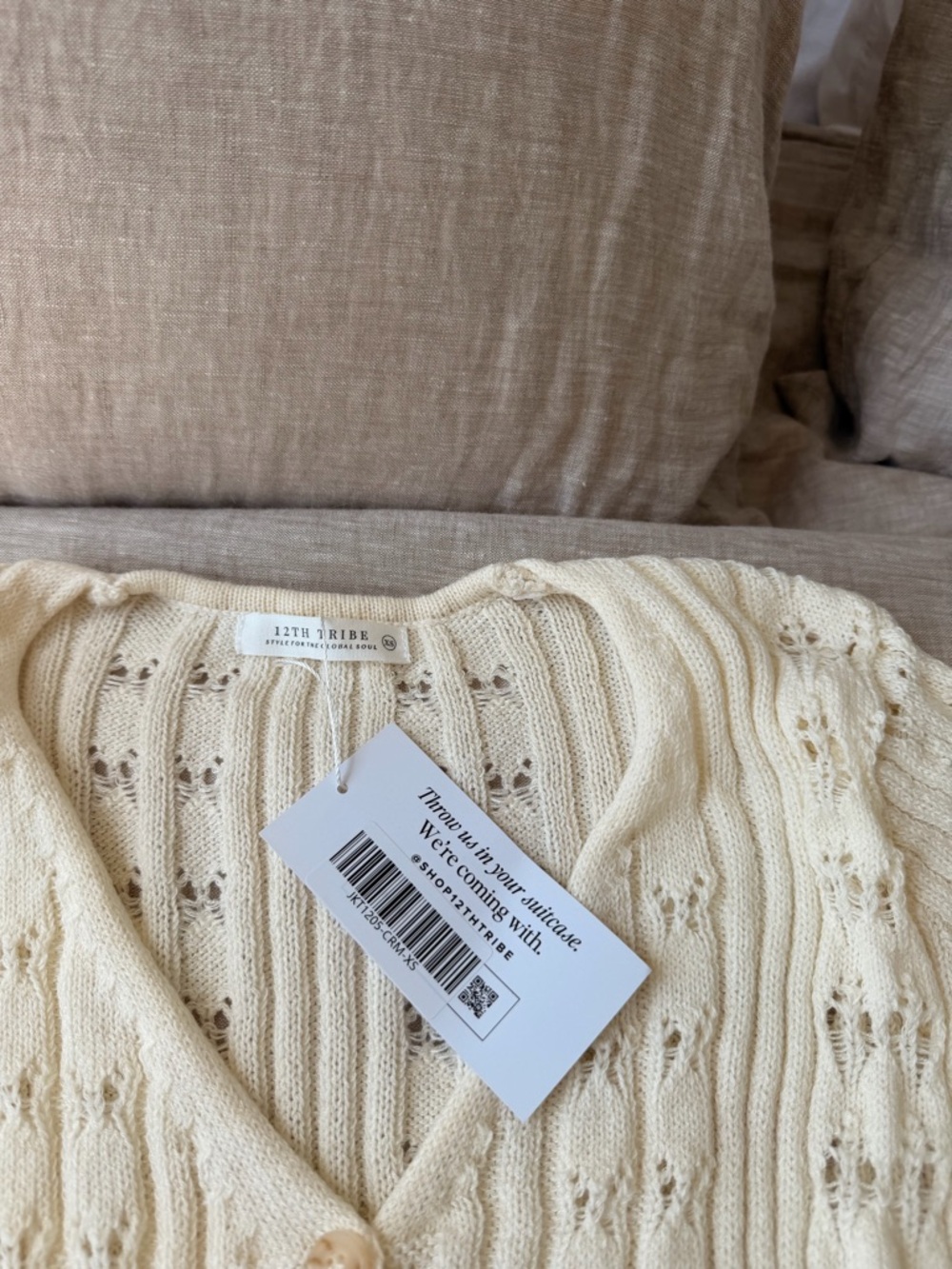 12th Tribe Cream Open-Knit V-Neck Button Cardigan